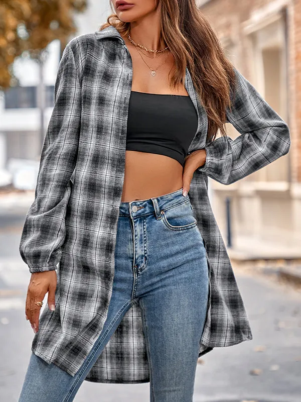 Plaid Loose Wrap Lapel Blouses&shirts Tops