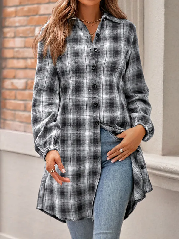 Plaid Loose Wrap Lapel Blouses&shirts Tops