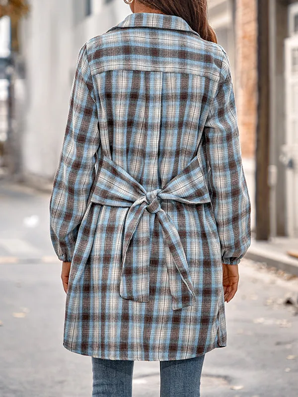 Plaid Loose Wrap Lapel Blouses&shirts Tops