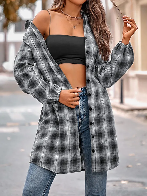 Plaid Loose Wrap Lapel Blouses&shirts Tops