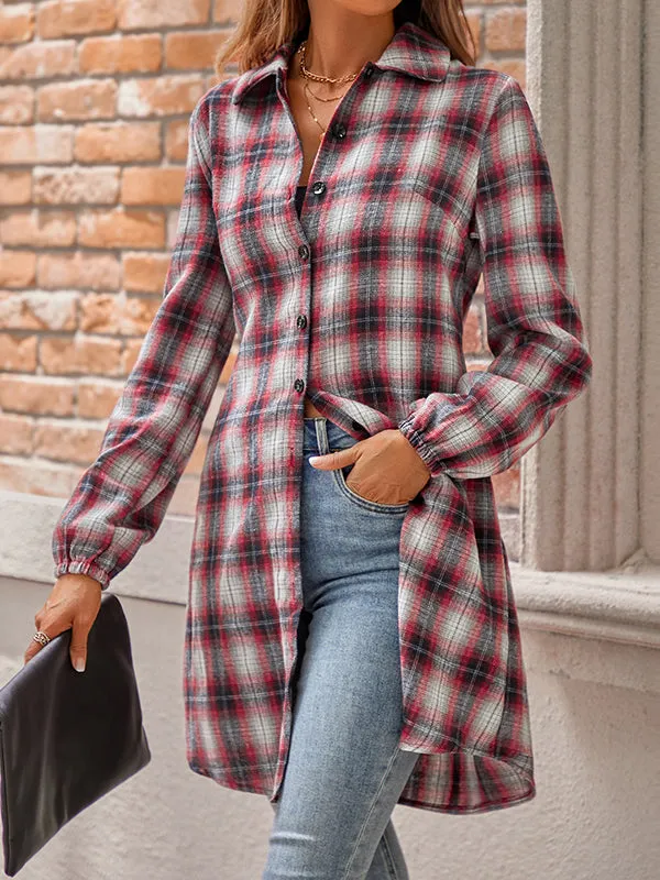 Plaid Loose Wrap Lapel Blouses&shirts Tops