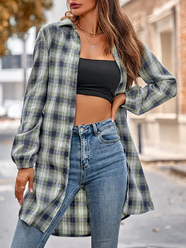 Plaid Loose Wrap Lapel Blouses&shirts Tops