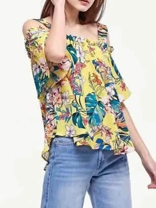 Popular Fashion Floral-Print Chiffon Off Shoulder Strapps Blouse Shirts Tops