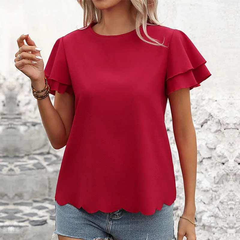 Red Double Layer Solid Color Round Neck Petal Sleeve Blouse