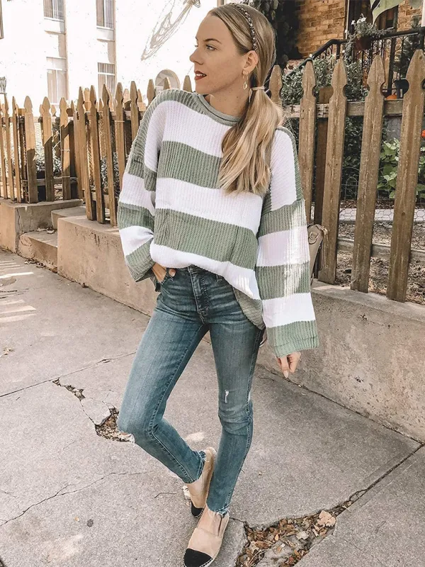 Round Neck Long Sleeve Colorblocked Striped Knit Sweater Flare Sleeve Sweater