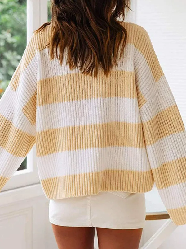 Round Neck Long Sleeve Colorblocked Striped Knit Sweater Flare Sleeve Sweater