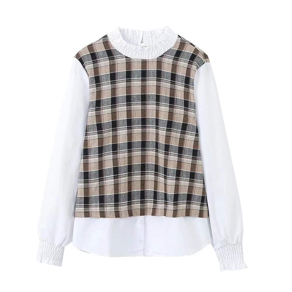 Round Neck Vintage Plaid Print Long Sleeve Blouse