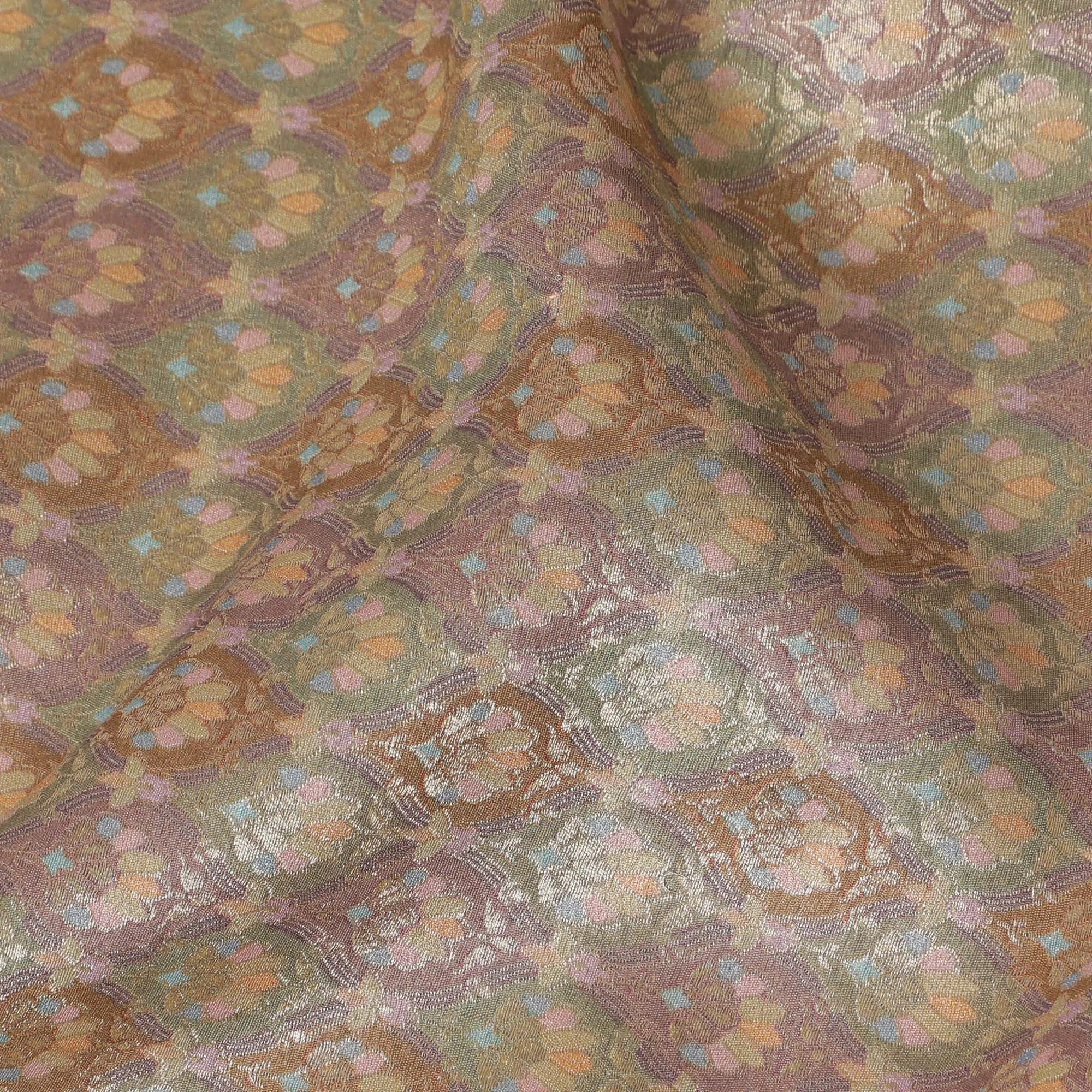 Silk Brocade Fabric with Peach and Gold Floral Design, 110 cm Width, Indian Origin-D19753