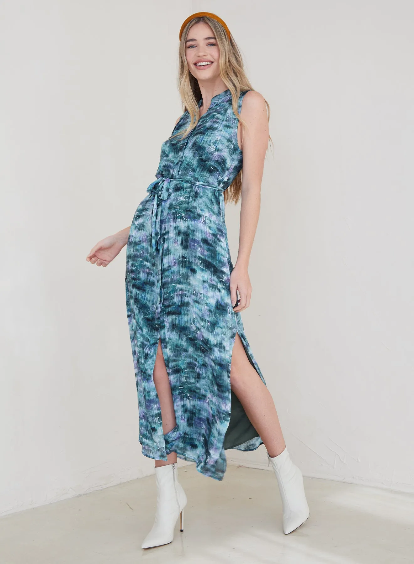 Sleeveless Pleat Front Maxi Dress