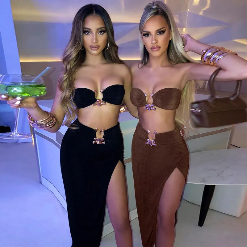 Solid Color Sleeveless Bra Tube Skirt Set