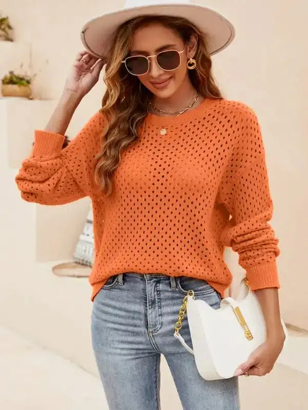 Solid Color Women’s Knit Cutout Pullover Crew Neck Sweater