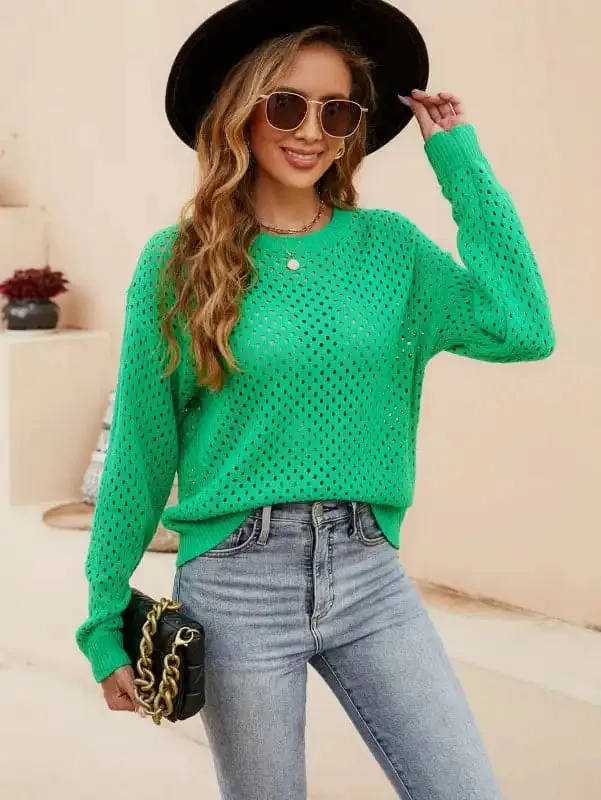 Solid Color Women’s Knit Cutout Pullover Crew Neck Sweater