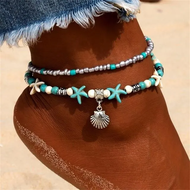 SUMMER STYLE! Vintage Shell,Beads ,Turquoise Anklets