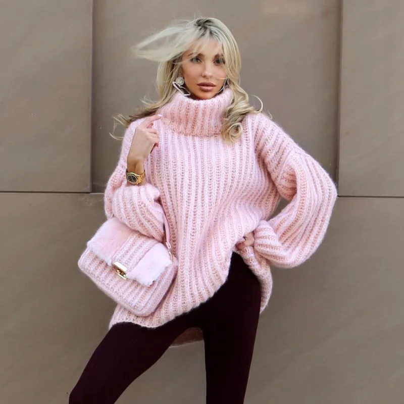 TastyHottie - Women's fashion new fluffy long sleeve pullover oversized knit turtleneck sweater