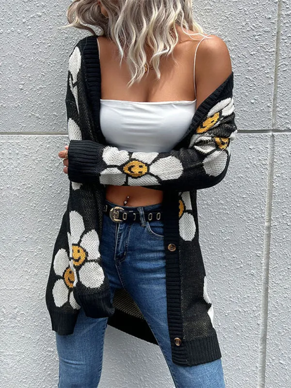 TastyHottie - Women's mid length floral long sleeve sweater cardigan