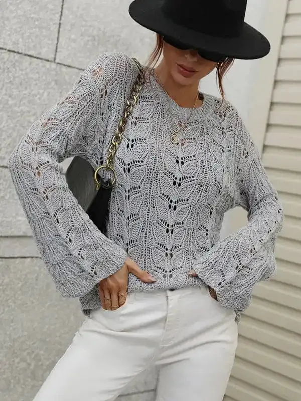 Trumpet sleeve hollow pullover round neck loose sweater women