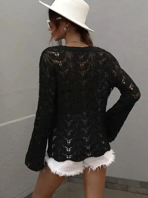 Trumpet sleeve hollow pullover round neck loose sweater women