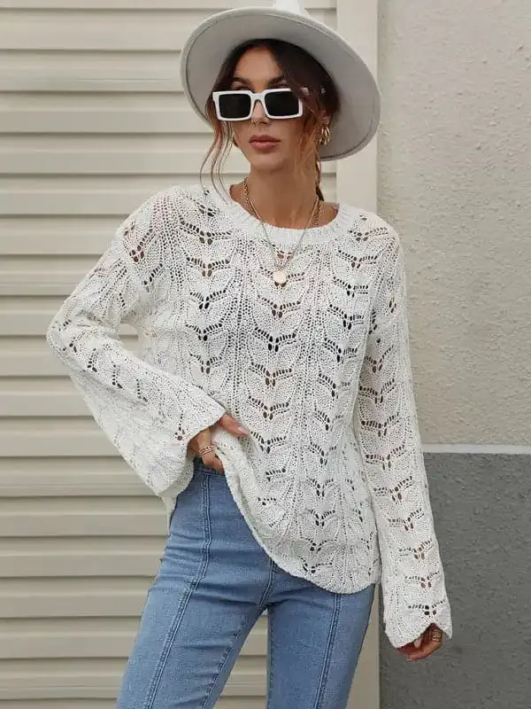 Trumpet sleeve hollow pullover round neck loose sweater women