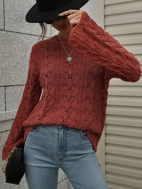 Trumpet sleeve hollow pullover round neck loose sweater women