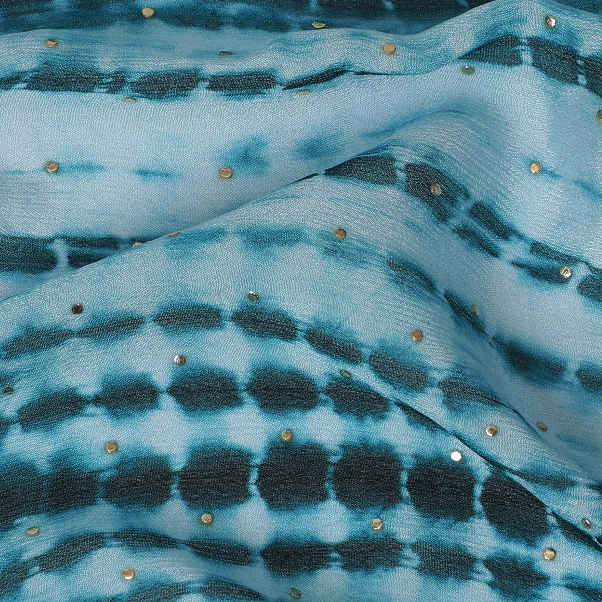 Turquoise and Black Tie-Dye Synthetic Chinon Fabric with Gold foil, 110 cm Width-D19665