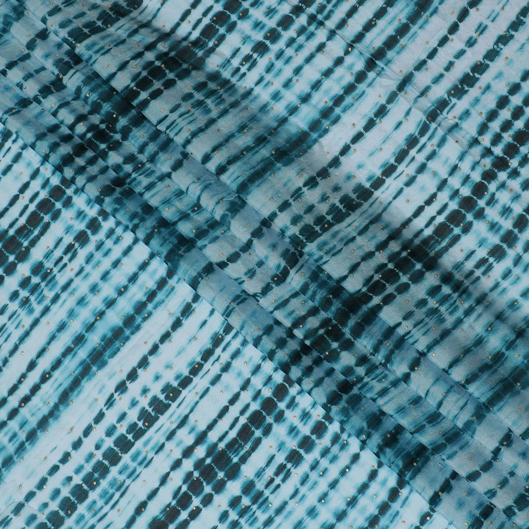 Turquoise and Black Tie-Dye Synthetic Chinon Fabric with Gold foil, 110 cm Width-D19665