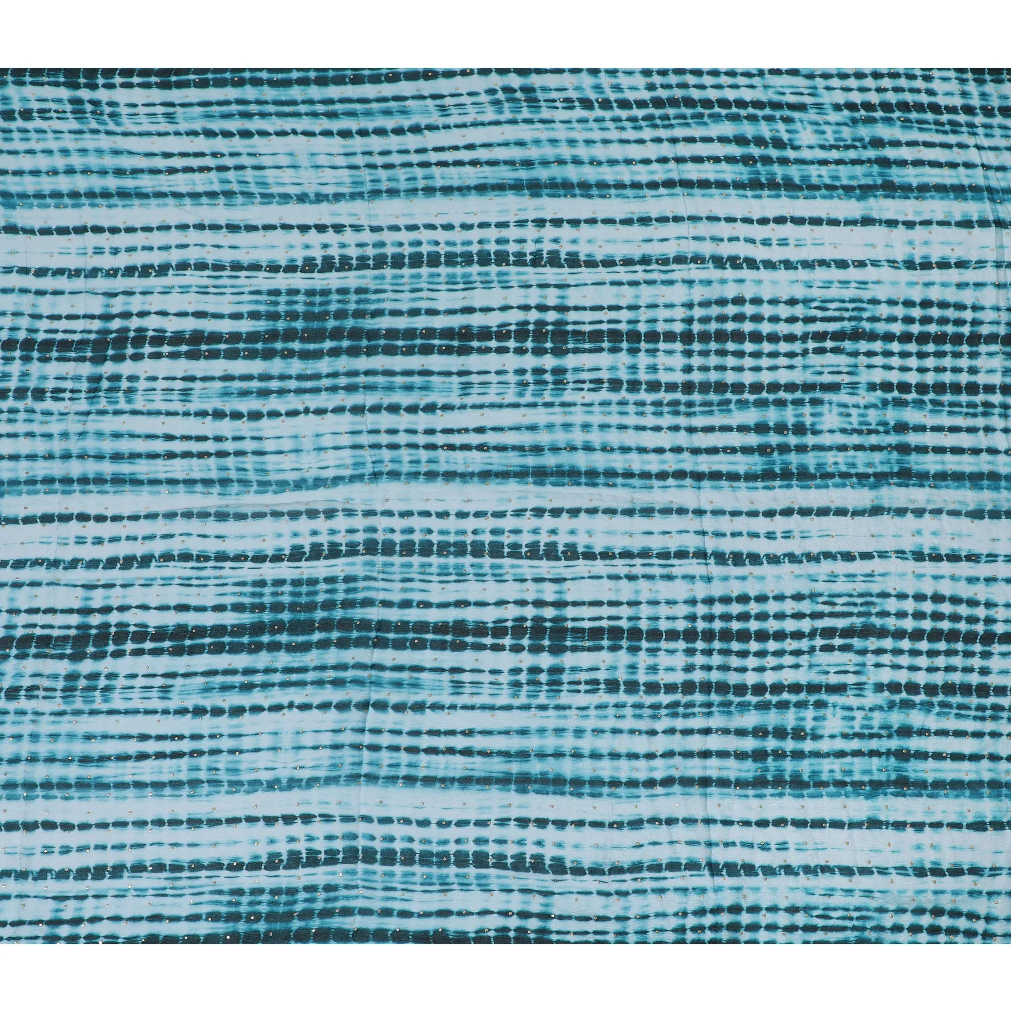 Turquoise and Black Tie-Dye Synthetic Chinon Fabric with Gold foil, 110 cm Width-D19665