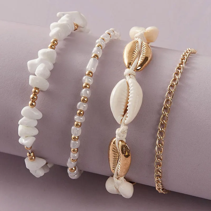 White Small Gravel Beach Shell Rice Bead Braided Anklet 4-piece Set