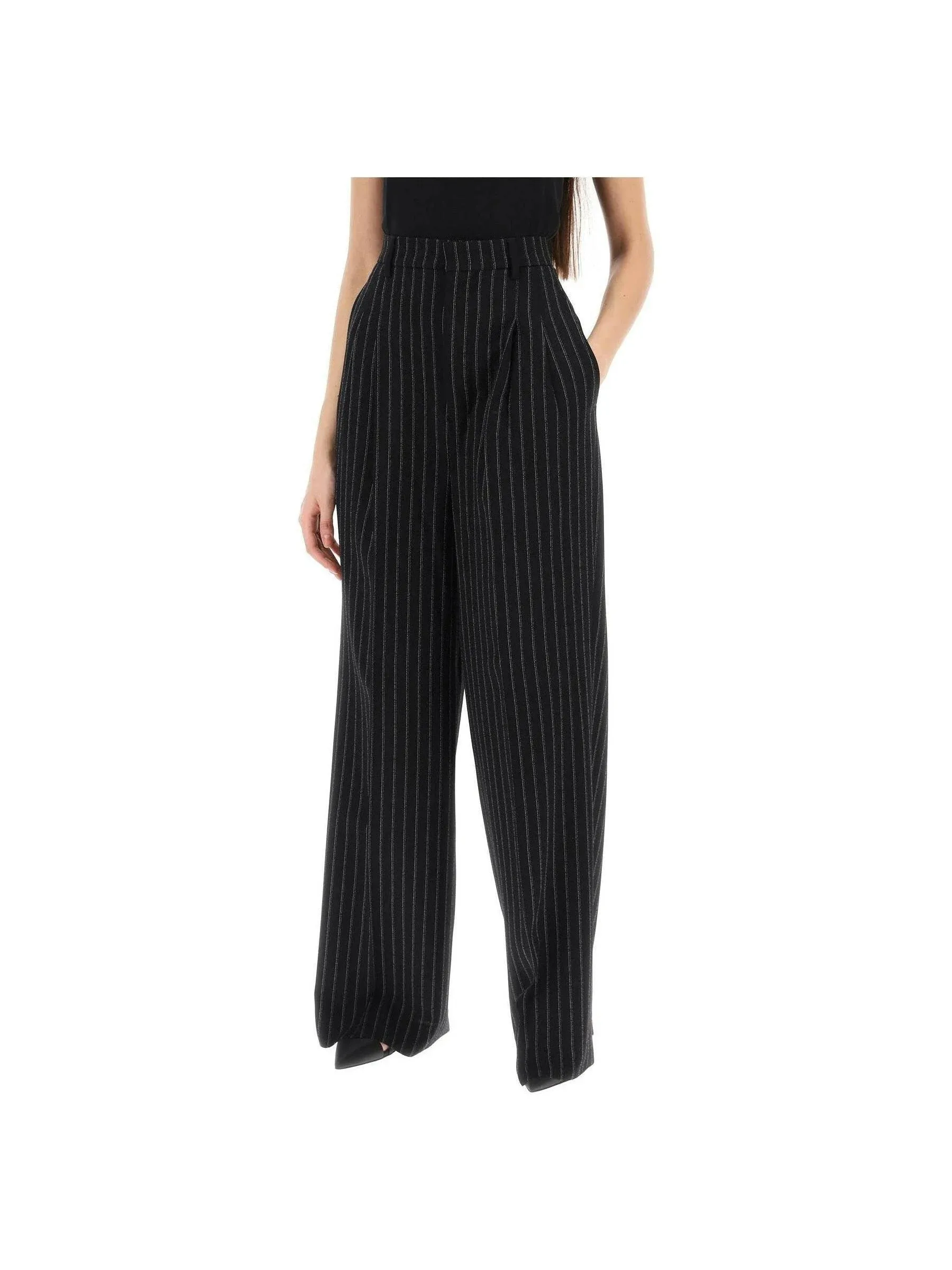 Wide Leg Pinstriped Wool Trousers