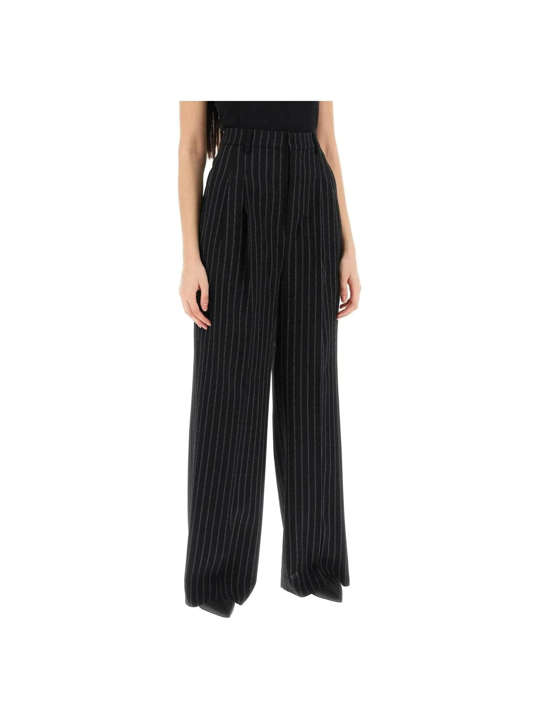 Wide Leg Pinstriped Wool Trousers