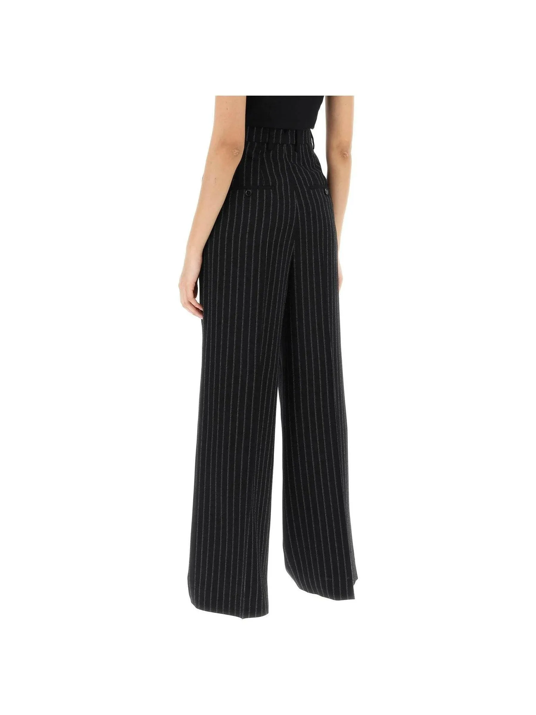 Wide Leg Pinstriped Wool Trousers