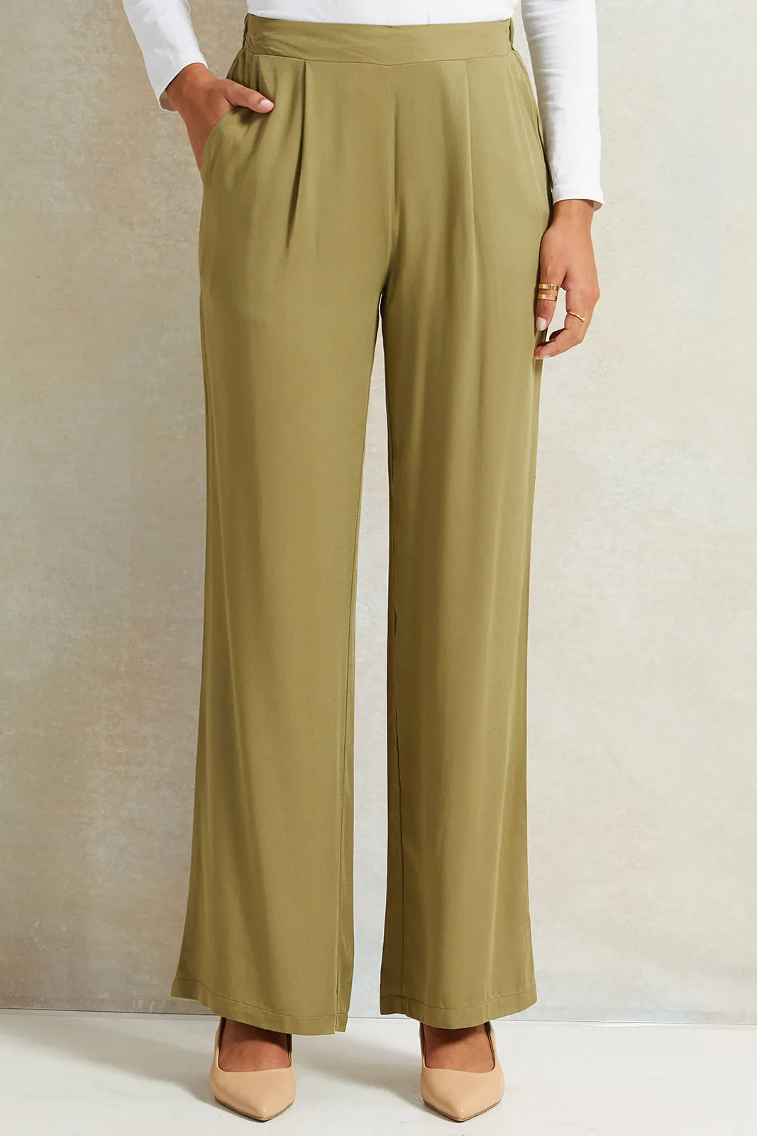 Women Olive Wide Leg Trousers