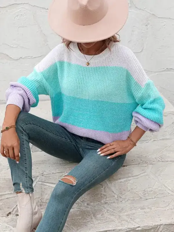 Women’s Color Block Crew Neck Knit Fashion Sweater